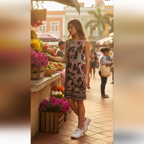 Crown & Ivy Black Dress with Pink and Green Tropical Print Size Large - Picture 8 of 10